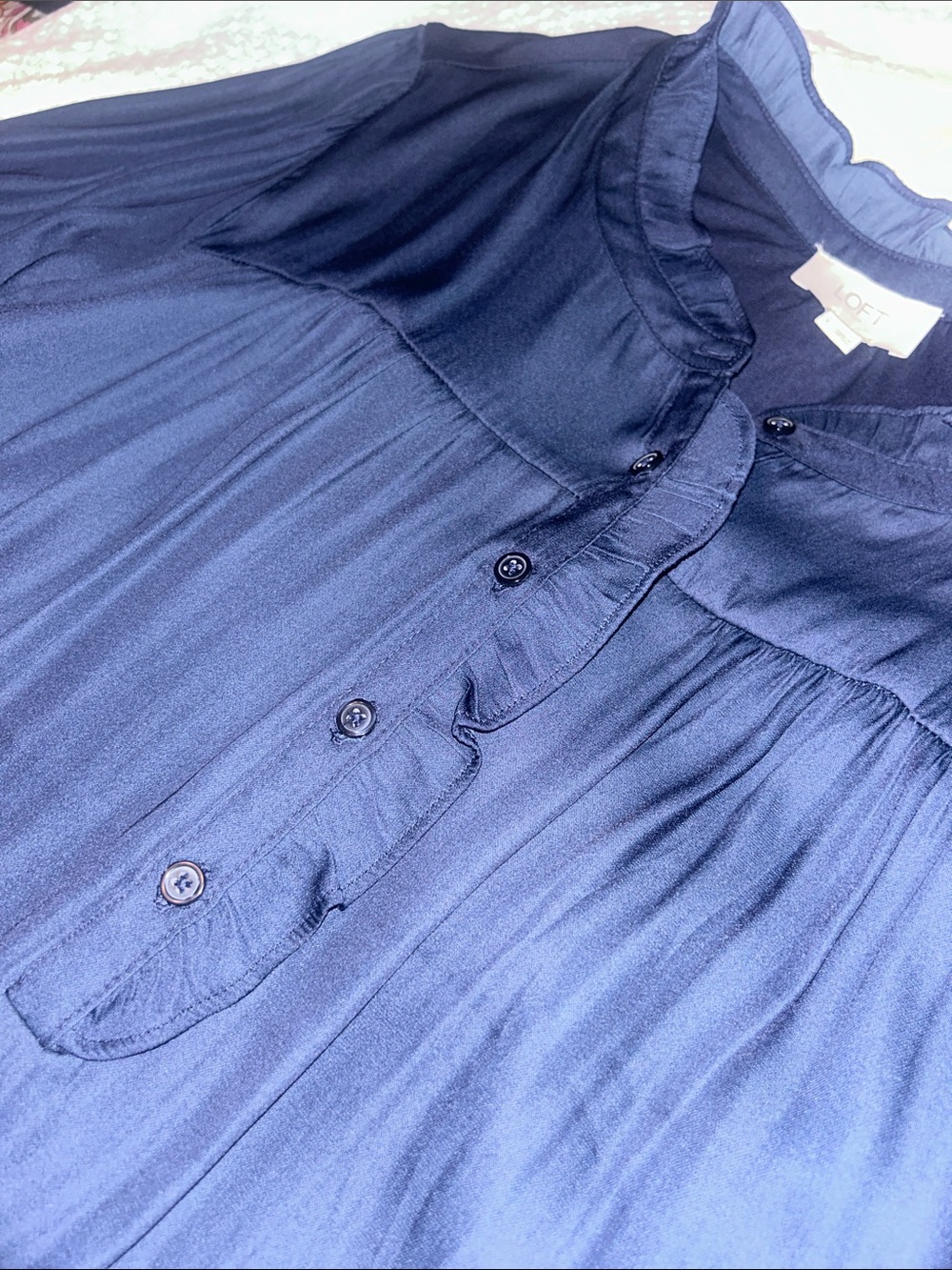 LOFT Navy Ruffle-Trim Button-Front Blouse - Picture 5 of 5
